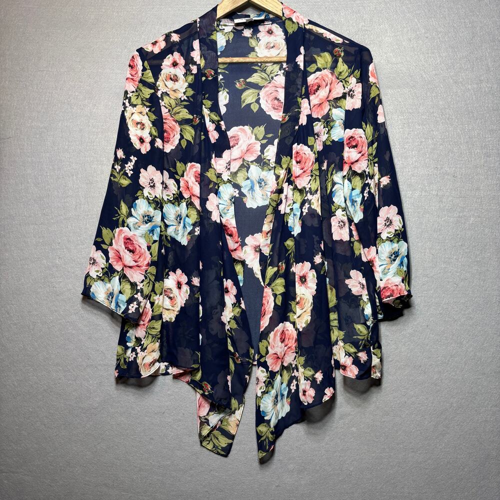 Serengeti Floral Drape Sheer Cardigan M Boho Artsy Romantic Rayon‎ USA Made
